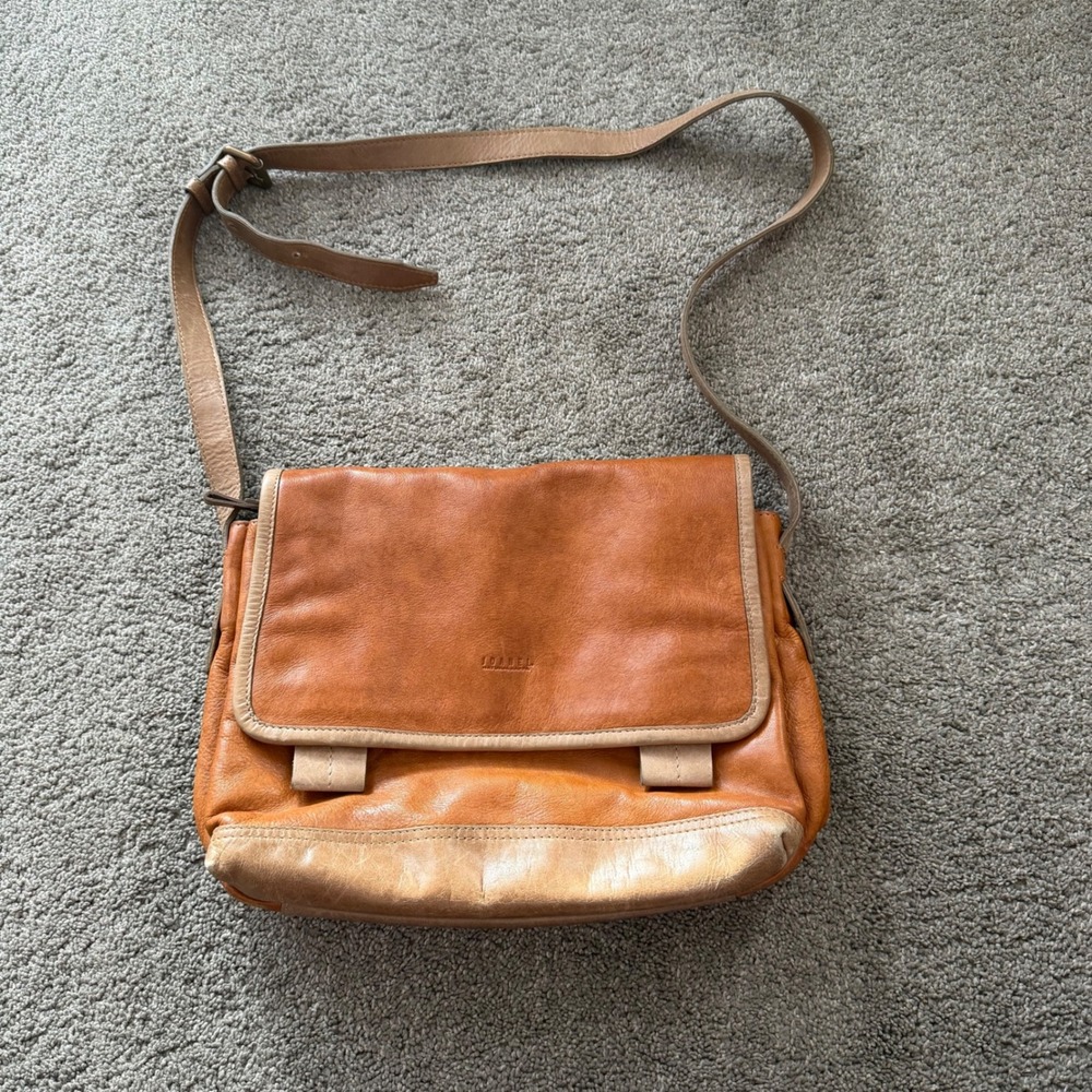 Joanel Leather Crossbody Messenger Bag Cognac Brown Striped Lining